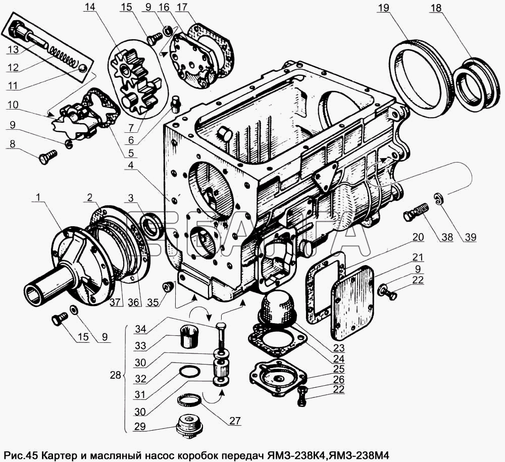 ЯМЗ ЯМЗ-238Д и Б Схема Картер и масляный насос коробок передач