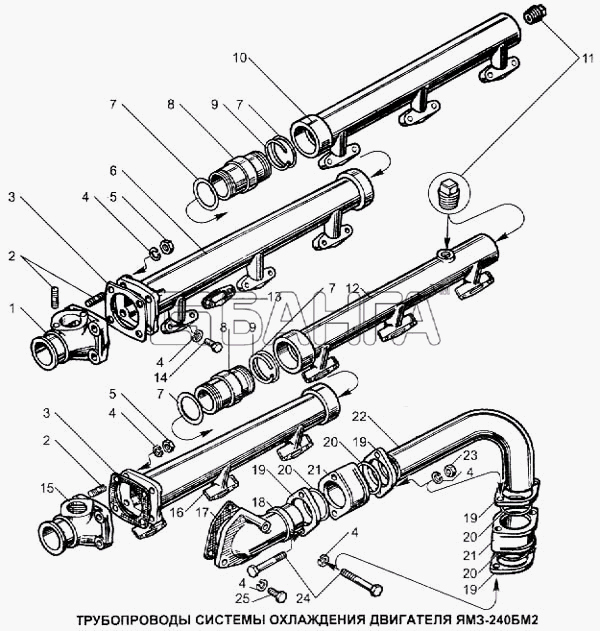ЯМЗ ЯМЗ-240 (2000г.) Схема Трубопроводы системы охлаждения двигателя