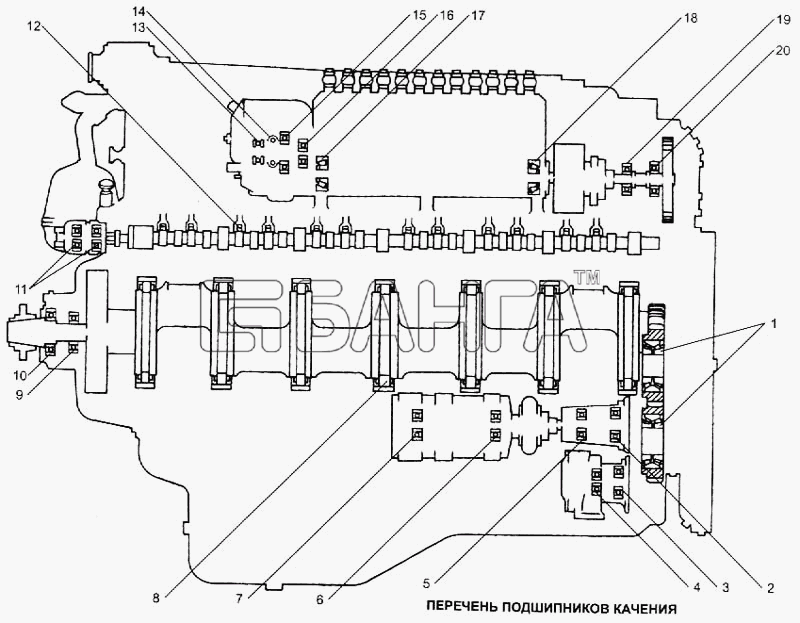 ЯМЗ ЯМЗ-240 (2000г.) Схема Перечень подшипников качения-63 banga.ua