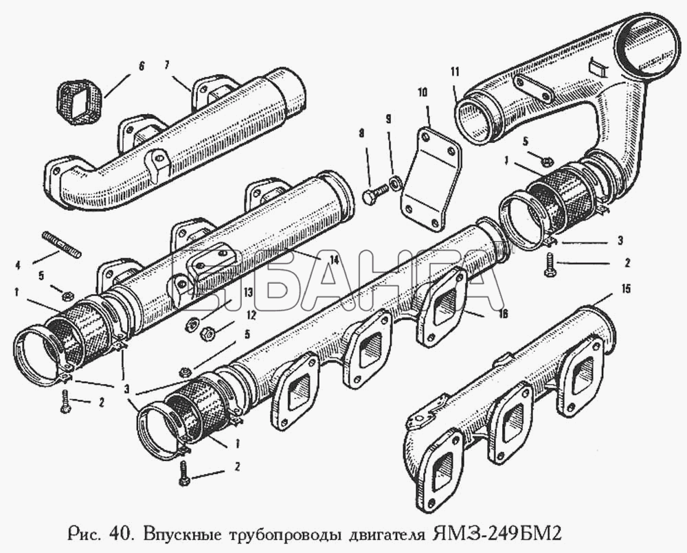 ЯМЗ ЯМЗ-240 Схема Впускные трубопроводы двигателя banga.ua