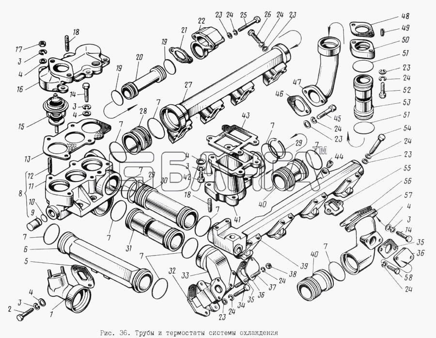 ЯМЗ ЯМЗ-8421.10 Схема Трубы и термостаты системы охлаждения-40