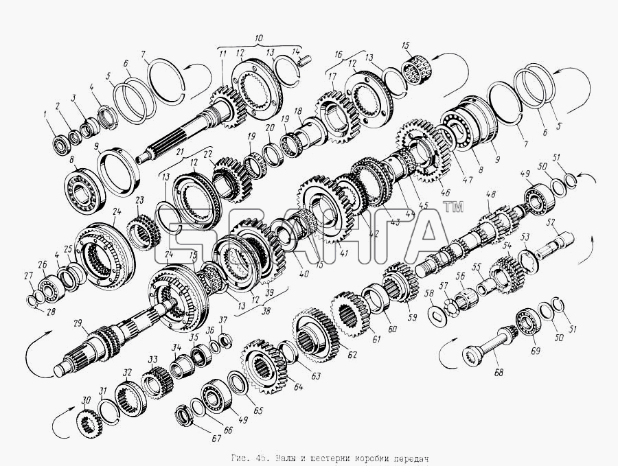 ЯМЗ ЯМЗ-8421.10 Схема Валы и шестерни коробки передач-52 banga.ua