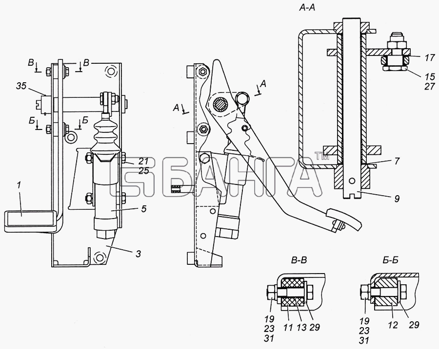 КамАЗ КамАЗ-4308 Схема Педаль сцепления с кронштейном и главным