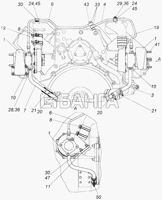КамАЗ КамАЗ-4326 (каталог 2003г) Схема Установка турбокомпрессоров на