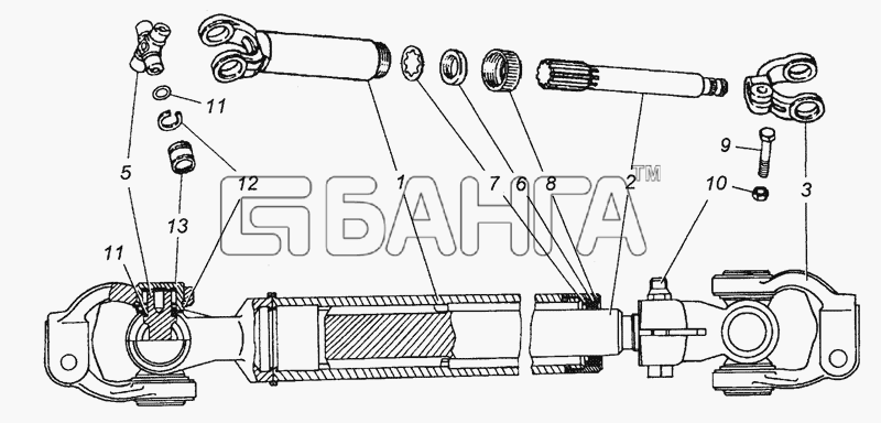 КамАЗ КамАЗ-53501 (6х6) Схема 53205-3422010-75 Вал карданный в