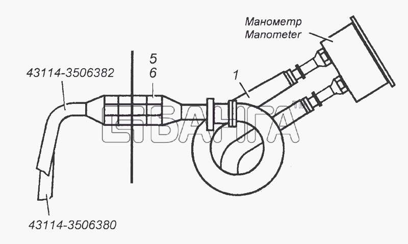 КамАЗ КамАЗ-53504 (6х6) Схема 43114-3830001 Установка трубопроводов к