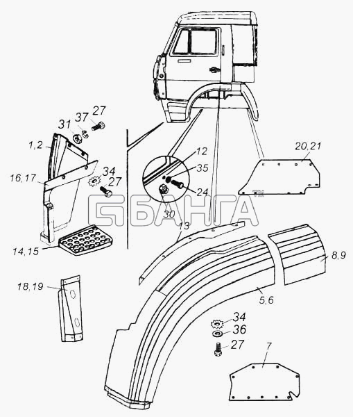 КамАЗ КамАЗ-5360 Схема Установка оперения кабины-64 banga.ua