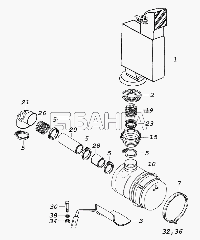 КамАЗ КамАЗ-6522 Схема Установка воздушного фильтра-214 banga.ua