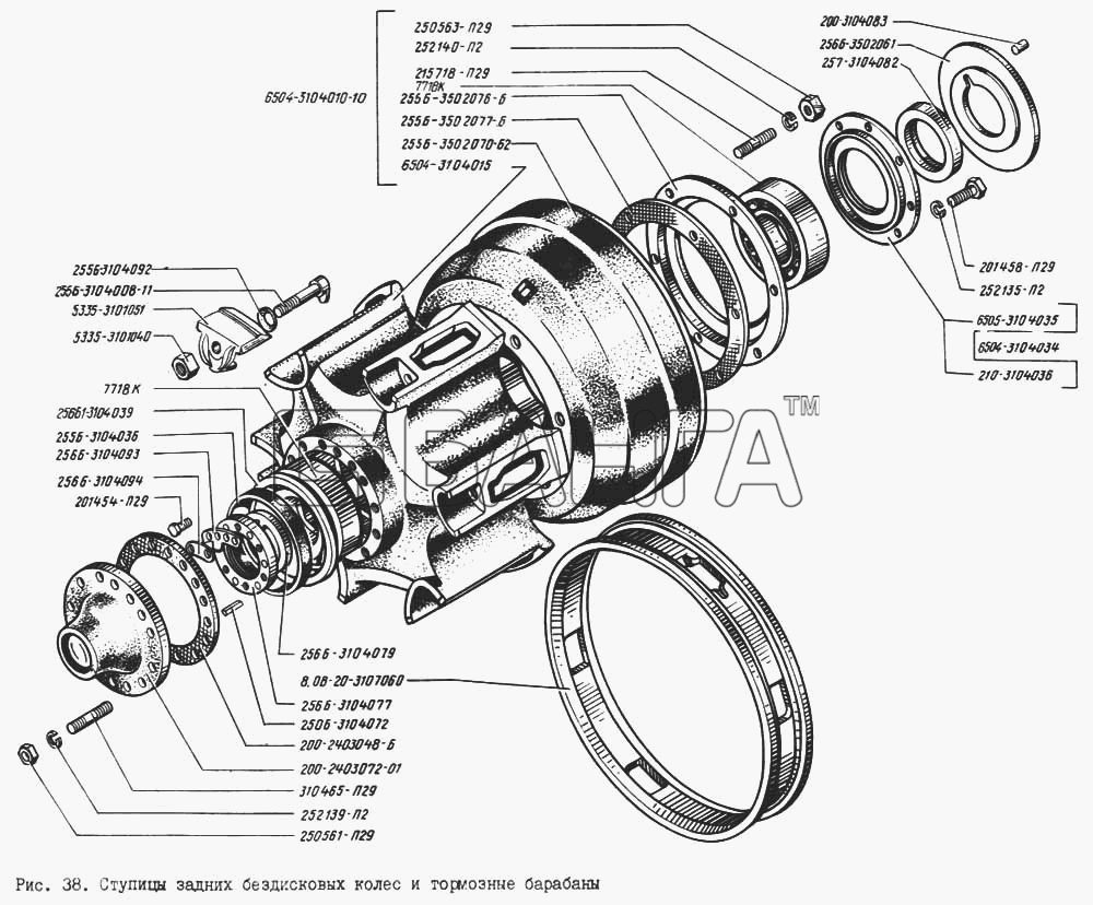 КрАЗ КрАЗ-256 Схема Ступицы задних бездисковых колес и тормозные