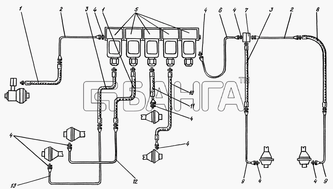 КрАЗ КрАЗ-6322 (шасси) Схема Воздухопроводы управления раздаточной