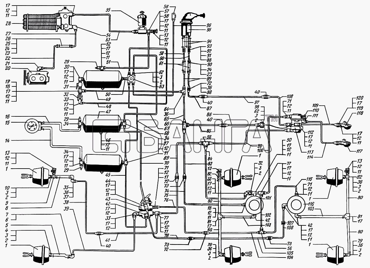 КрАЗ КрАЗ-6322 (шасси) Схема Воздухопроводы и аппараты тормозной