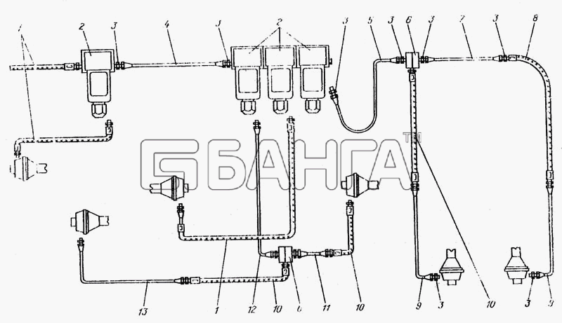 КрАЗ КрАЗ-6443 Схема Воздухопроводы управления раздаточной banga.ua
