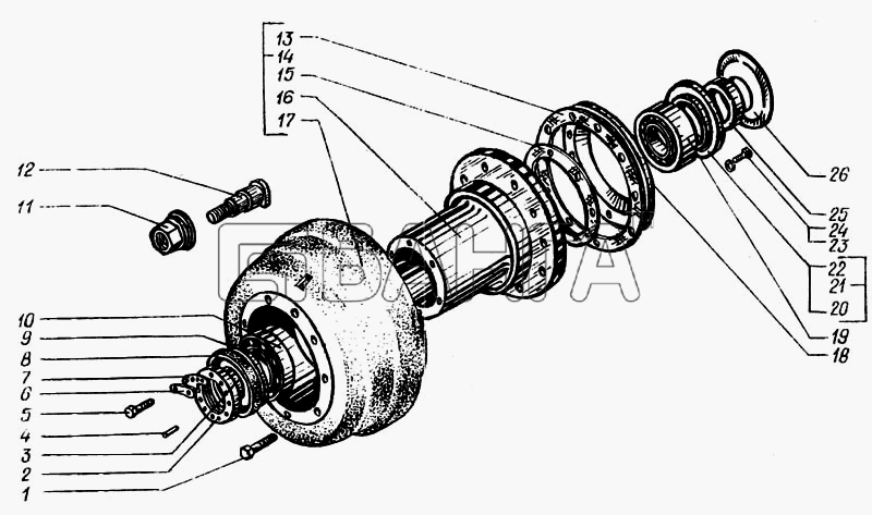 КрАЗ КрАЗ-6443 Схема Ступица заднего колеса с тормозным banga.ua