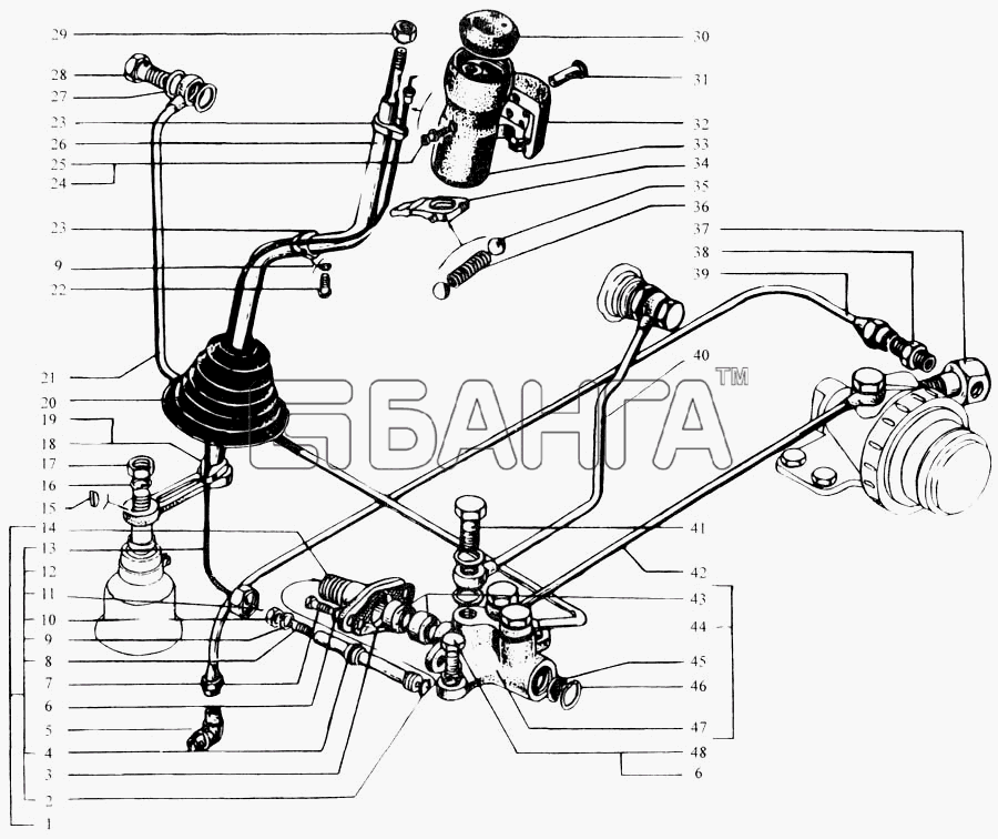 КрАЗ КрАЗ-6443 (каталог 2004 г) Схема Рычаг переключения передач. Кран