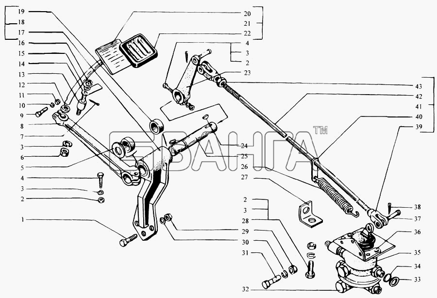 КрАЗ КрАЗ-6443 (каталог 2004 г) Схема Педаль тормозная и привод
