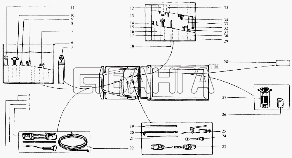 КрАЗ КрАЗ-6443 (каталог 2004 г) Схема Раскладка инструмента под