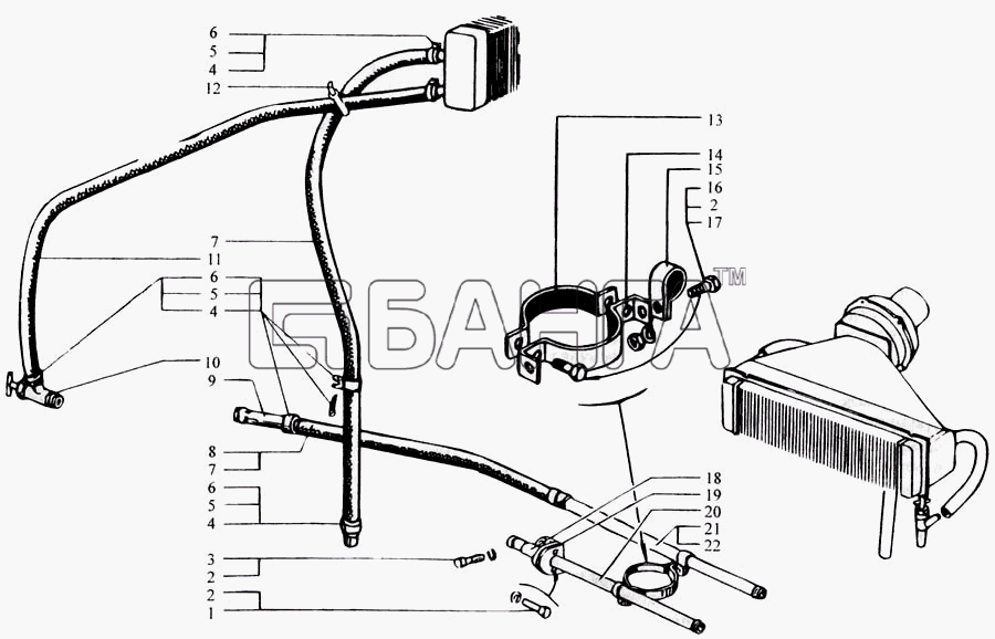 КрАЗ КрАЗ-6443 (каталог 2004 г) Схема Трубопроводы системы отопления