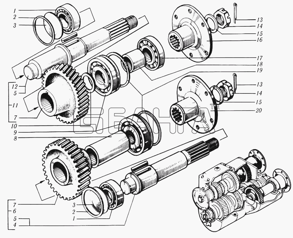 КрАЗ КрАЗ-6510 Схема Валы и шестерни привода мостов-64 banga.ua