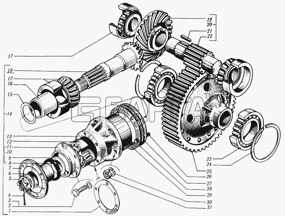 КрАЗ КрАЗ-6510 Схема Валы и шестерни редуктора главной передачи