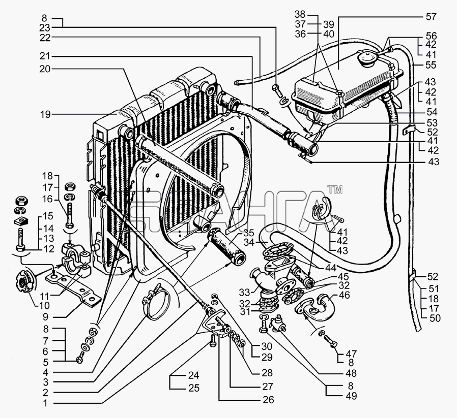 КрАЗ Доп. с двиг. Евро-2 Схема Радиатор с кожухом и расширительным