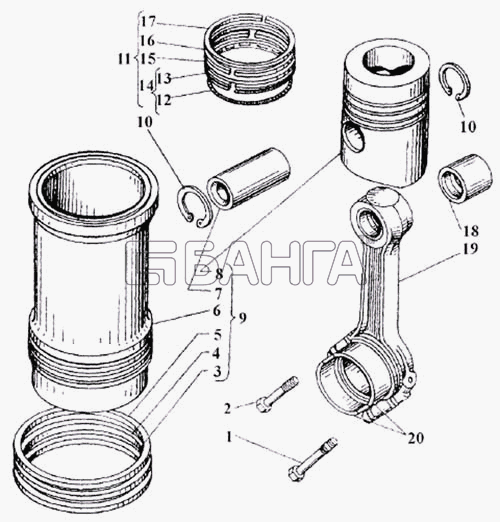 ЛАЗ ЛАЗ 5252 Схема Поршень шатун гильза цилиндра двигателя banga.ua