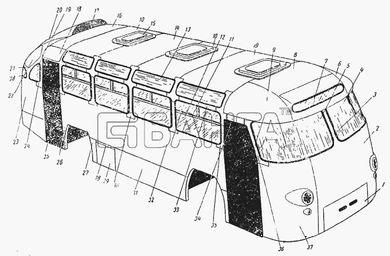 ЛАЗ ЛАЗ 695Б Схема Облицовка и окна автобуса-4 banga.ua