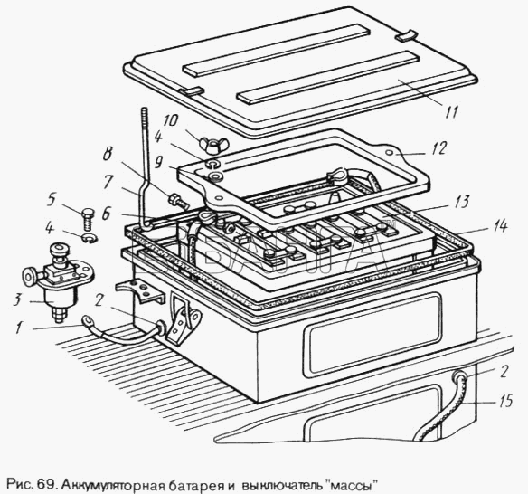 ЛуАЗ ЛуАЗ 969М Схема Аккумуляторная батарея и выключатель массы