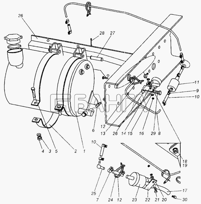МАЗ МАЗ-437040 Схема Топливопроводы питания подогревателя. Thermo