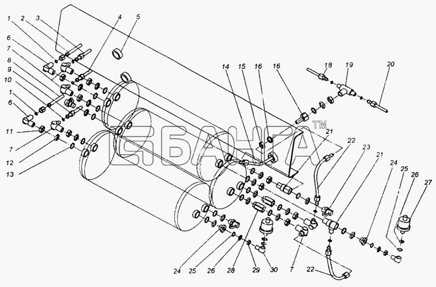 МАЗ МАЗ-437040 Схема Присоединительная арматура к ресиверам-131