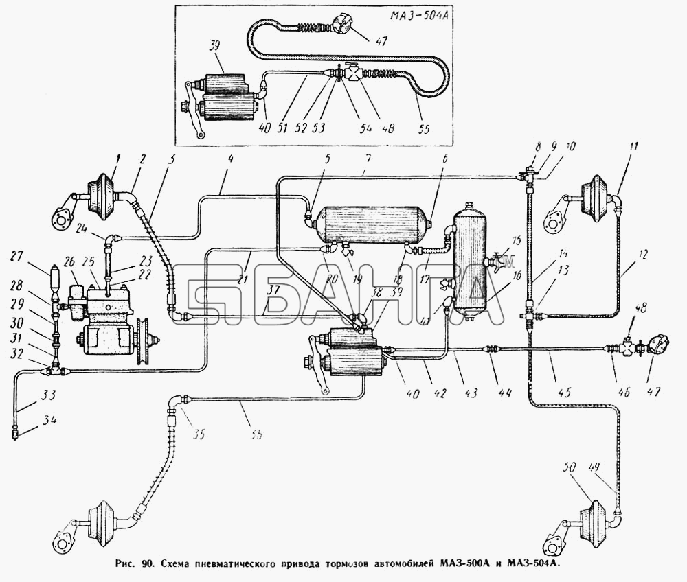 МАЗ МАЗ-504А Схема Схема пневматического привода тормозов banga.ua