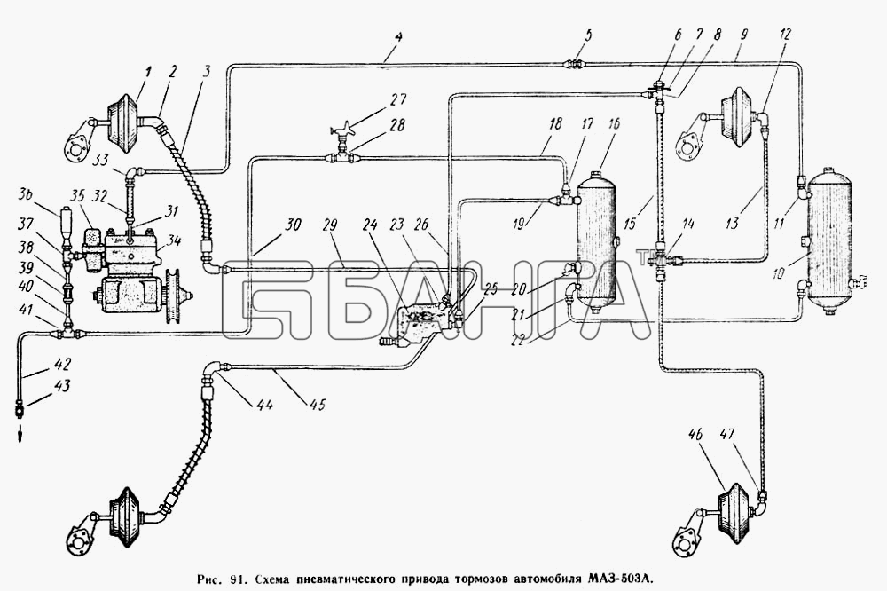 МАЗ МАЗ-504А Схема Схема пневматического привода тормозов banga.ua
