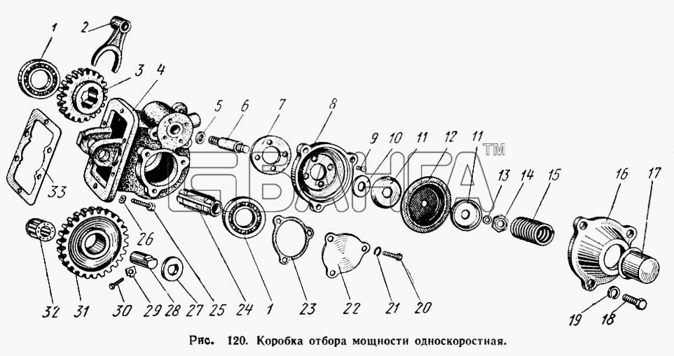 МАЗ МАЗ-503А Схема Коробка отбора мощности односкоростная-177 banga.ua