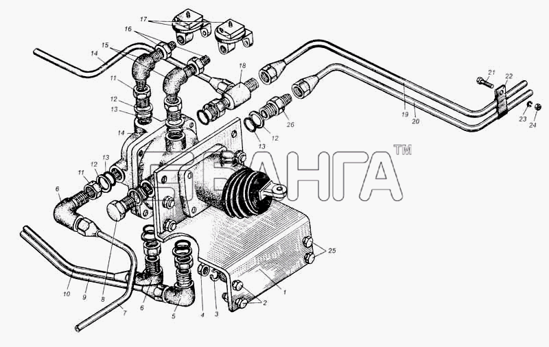 МАЗ МАЗ-5335 Схема Трубопроводы к тормозным кранам автомобиля banga.ua