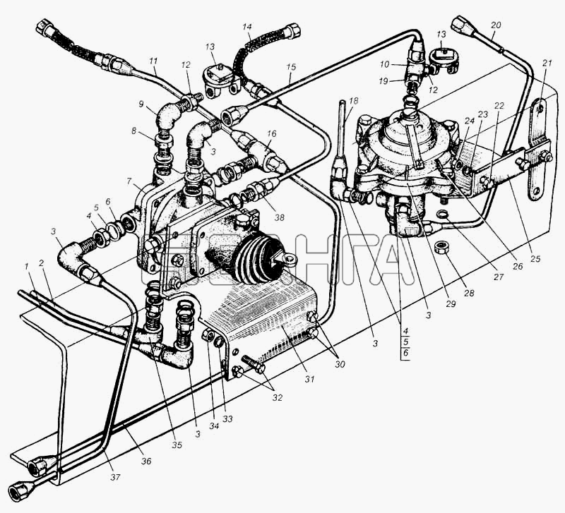 МАЗ МАЗ-5335 Схема Трубопроводы к тормозным кранам автомобилей