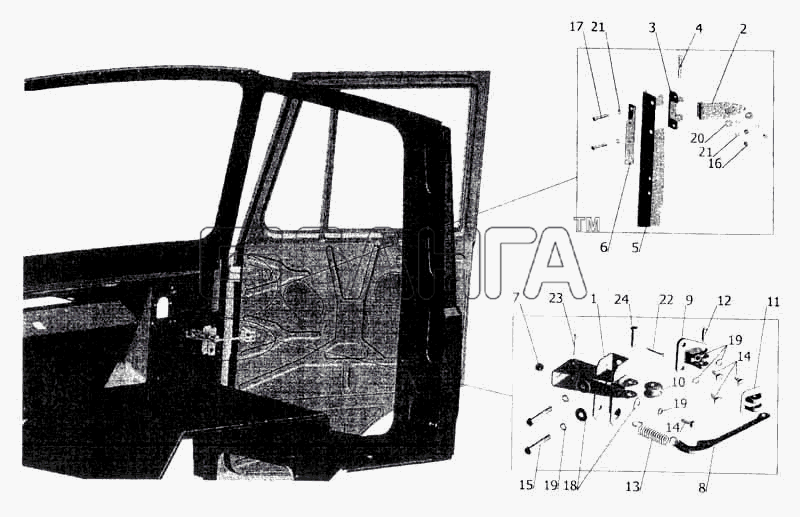 МАЗ МАЗ-5336 Схема Установка ограничителя и петель двери-18 banga.ua