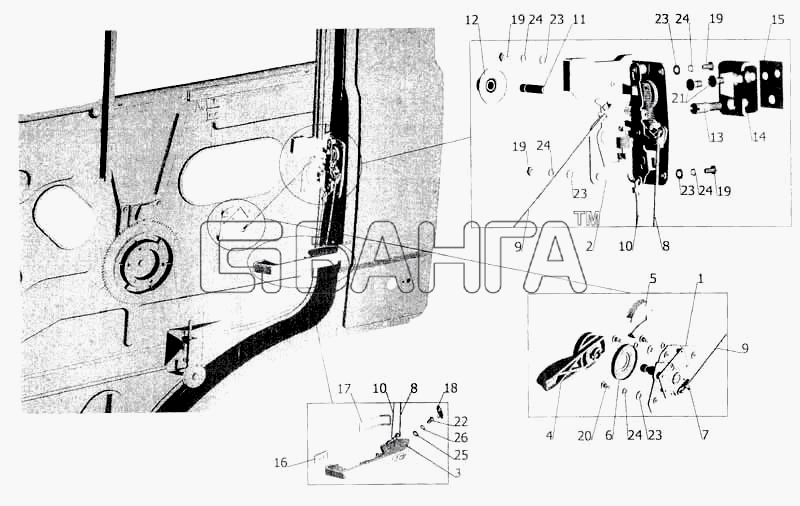 МАЗ МАЗ-5336 Схема Установка наружной ручки и замка двери-19 banga.ua