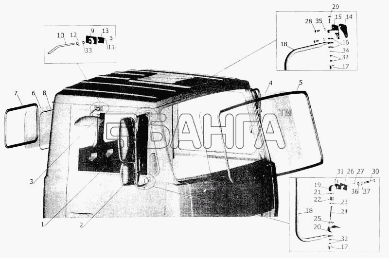 МАЗ МАЗ-5336 Схема Установка стекол и зеркал на малую кабину-22