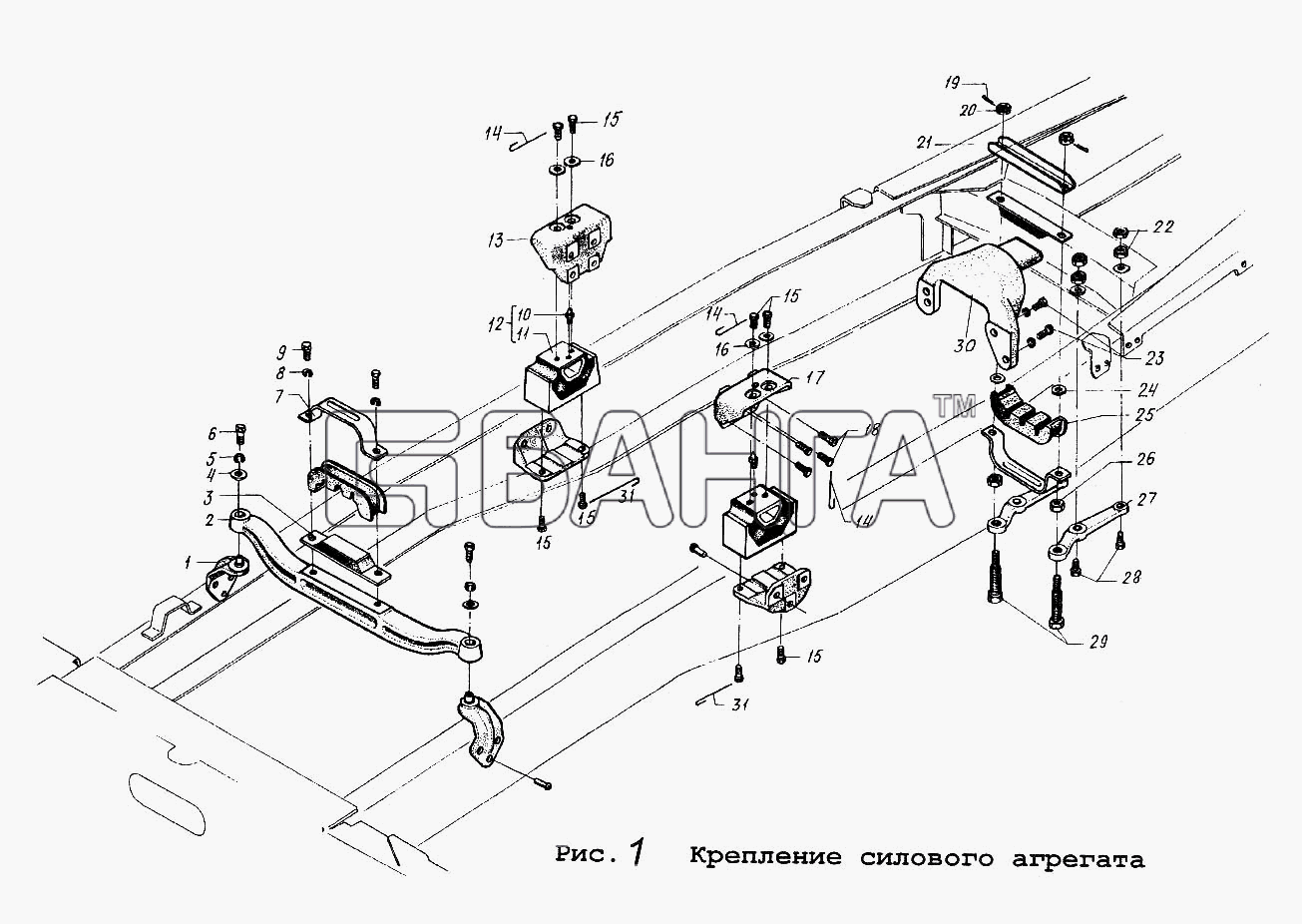 МАЗ МАЗ-53371 Схема Крепление силового агрегата-49 banga.ua