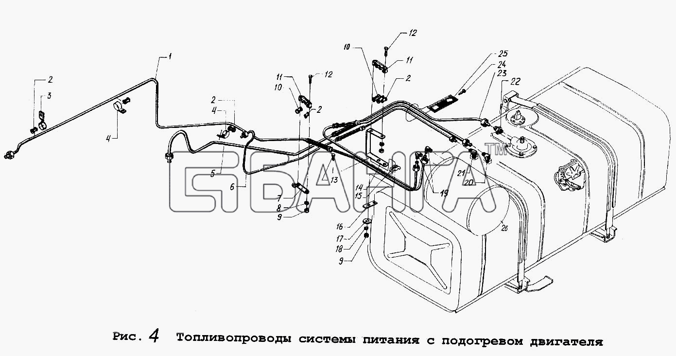 МАЗ МАЗ-53371 Схема Топливопроводы системы питания с подогревом