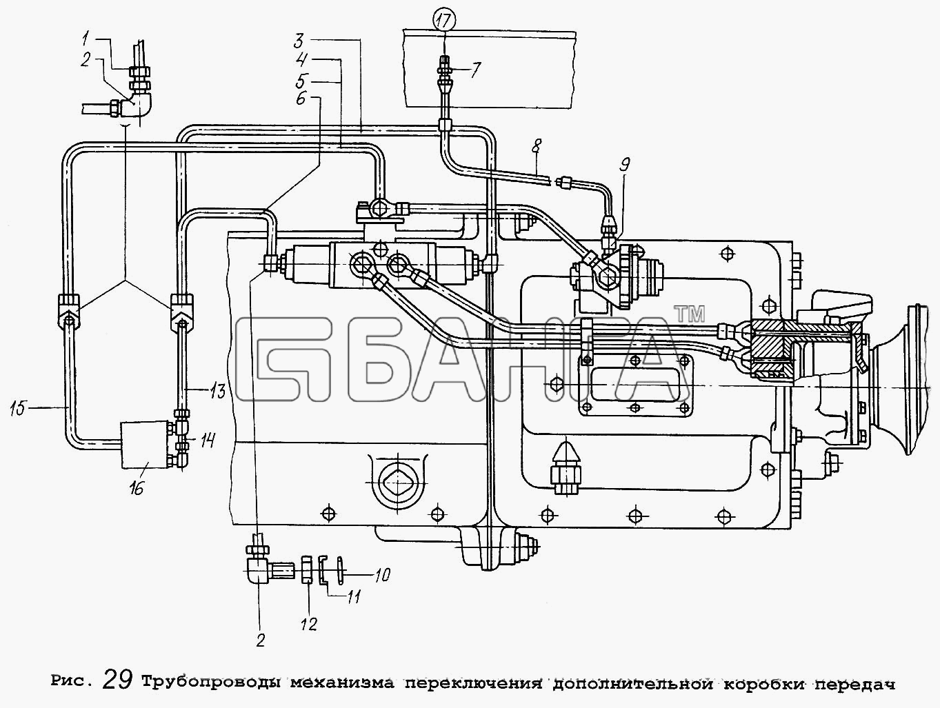 МАЗ Общий (см. мод-ции) Схема Трубопроводы механизма переключения