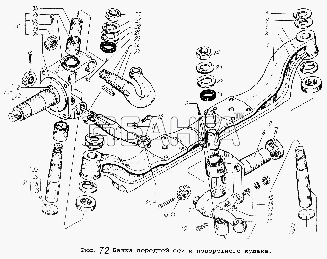 МАЗ МАЗ-53371 Схема Балка передней оси и поворотного кулака-115