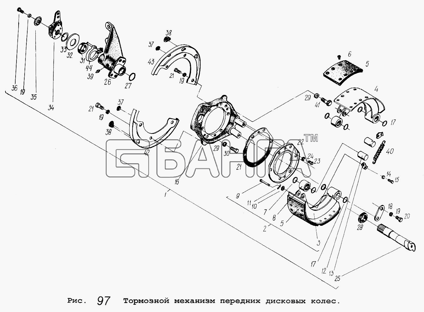 МАЗ МАЗ-53371 Схема Тормозной механизм передних дисковых banga.ua