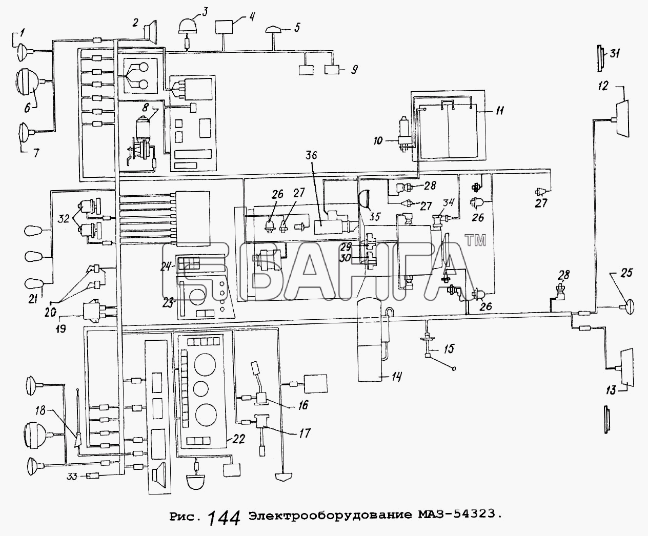 МАЗ Общий (см. мод-ции) Схема Электрооборудование МАЗ-54323-223