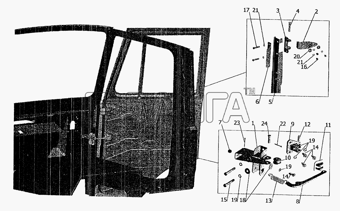 МАЗ МАЗ-5337 (2005) Схема Установка ограничителя и петель двери-240