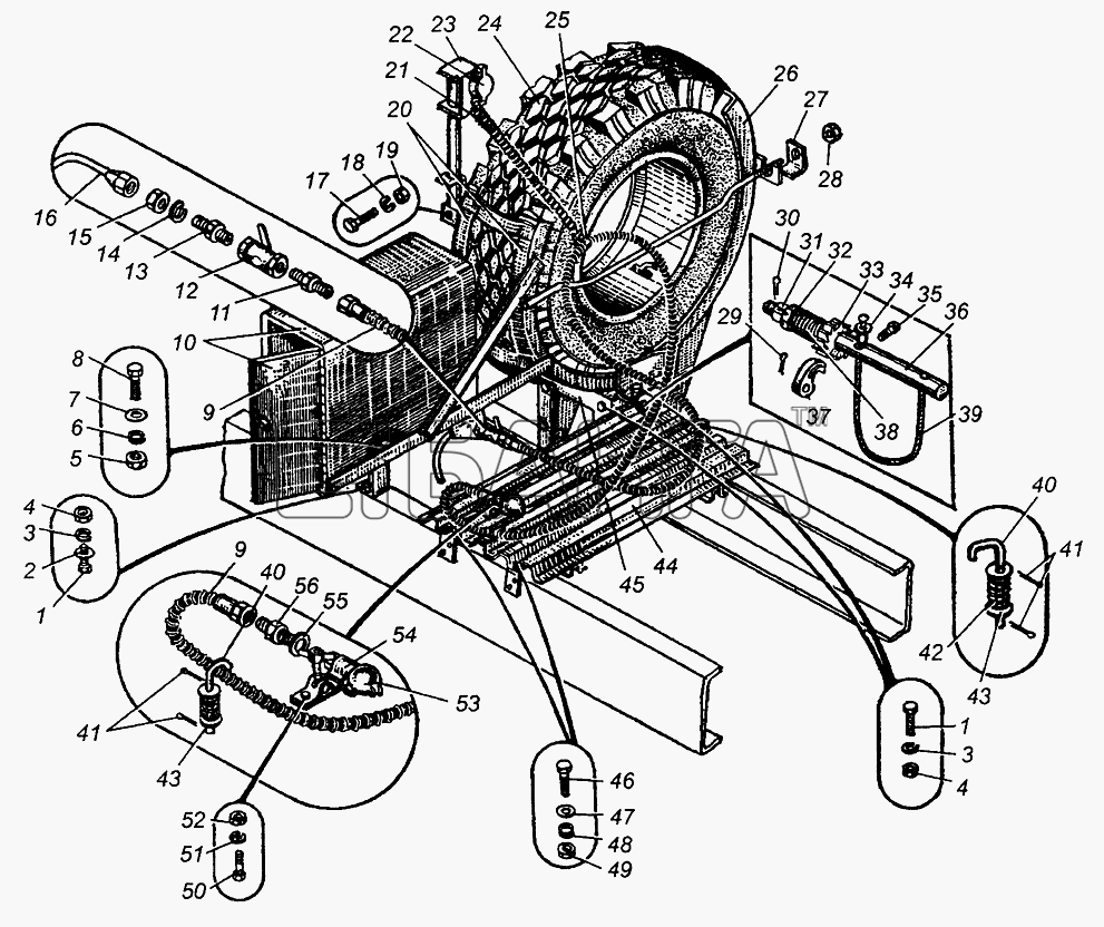 МАЗ МАЗ-5429 Схема Держатель запасного колеса и площадка шасси