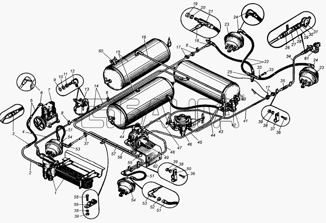 МАЗ МАЗ-5429 Схема Привод пневматический тормозов МАЗ-5335-145