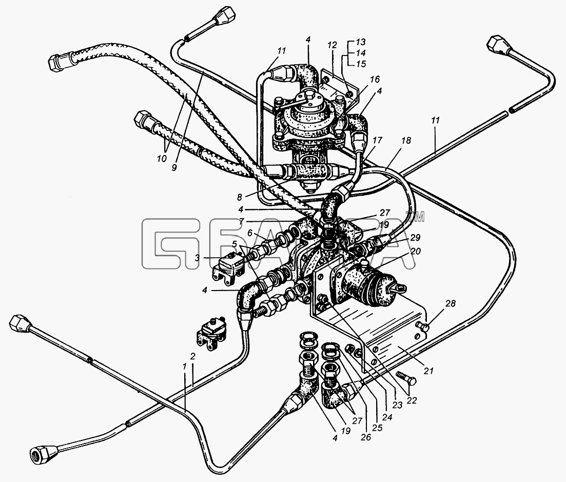 МАЗ МАЗ-5429 Схема Трубопроводы к тормозным кранам МАЗ-509А-152