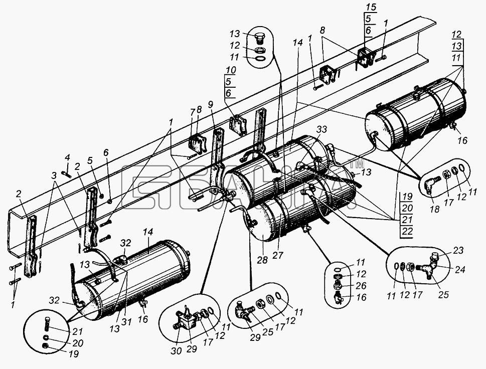 МАЗ МАЗ-5429 Схема Крепление воздушных баллонов МАЗ-509А-162 banga.ua