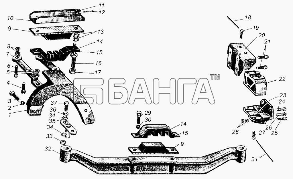 МАЗ МАЗ-5429 Схема Крепление силового агрегата-9 banga.ua