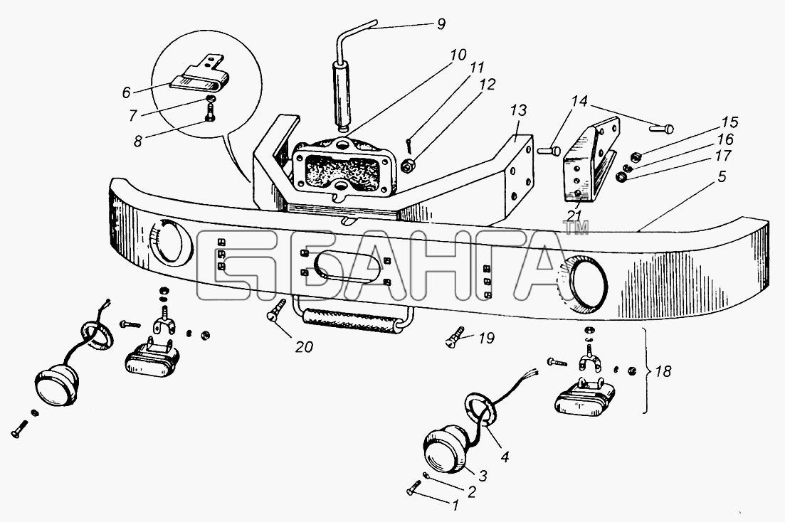 МАЗ МАЗ-5429 Схема Бампер передний и крепление противотуманных